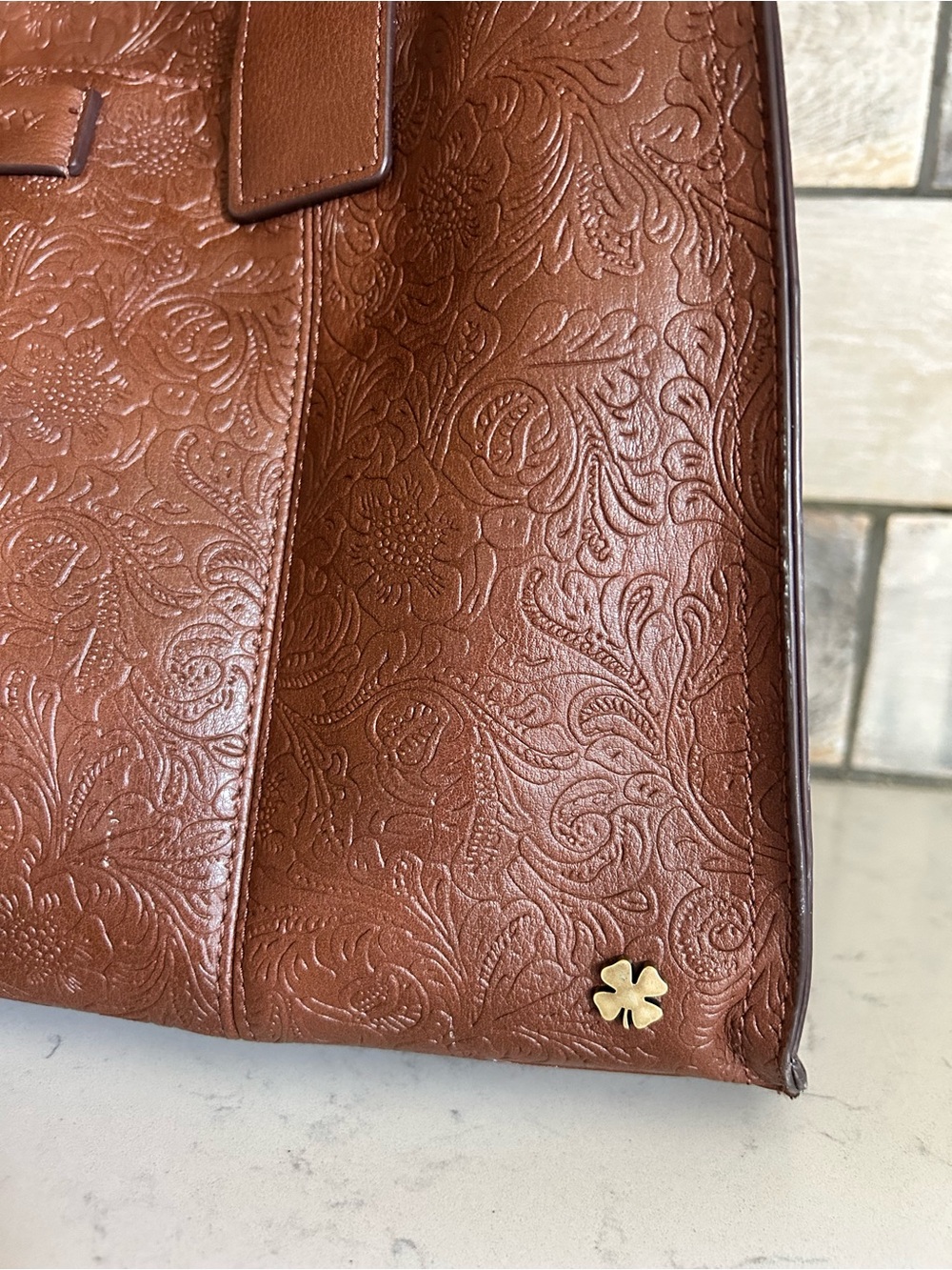 🍀EUC Lucky Brand Brown Floral Embossed Tote Carryall Shoulder Crossbody Bag - Picture 2 of 16